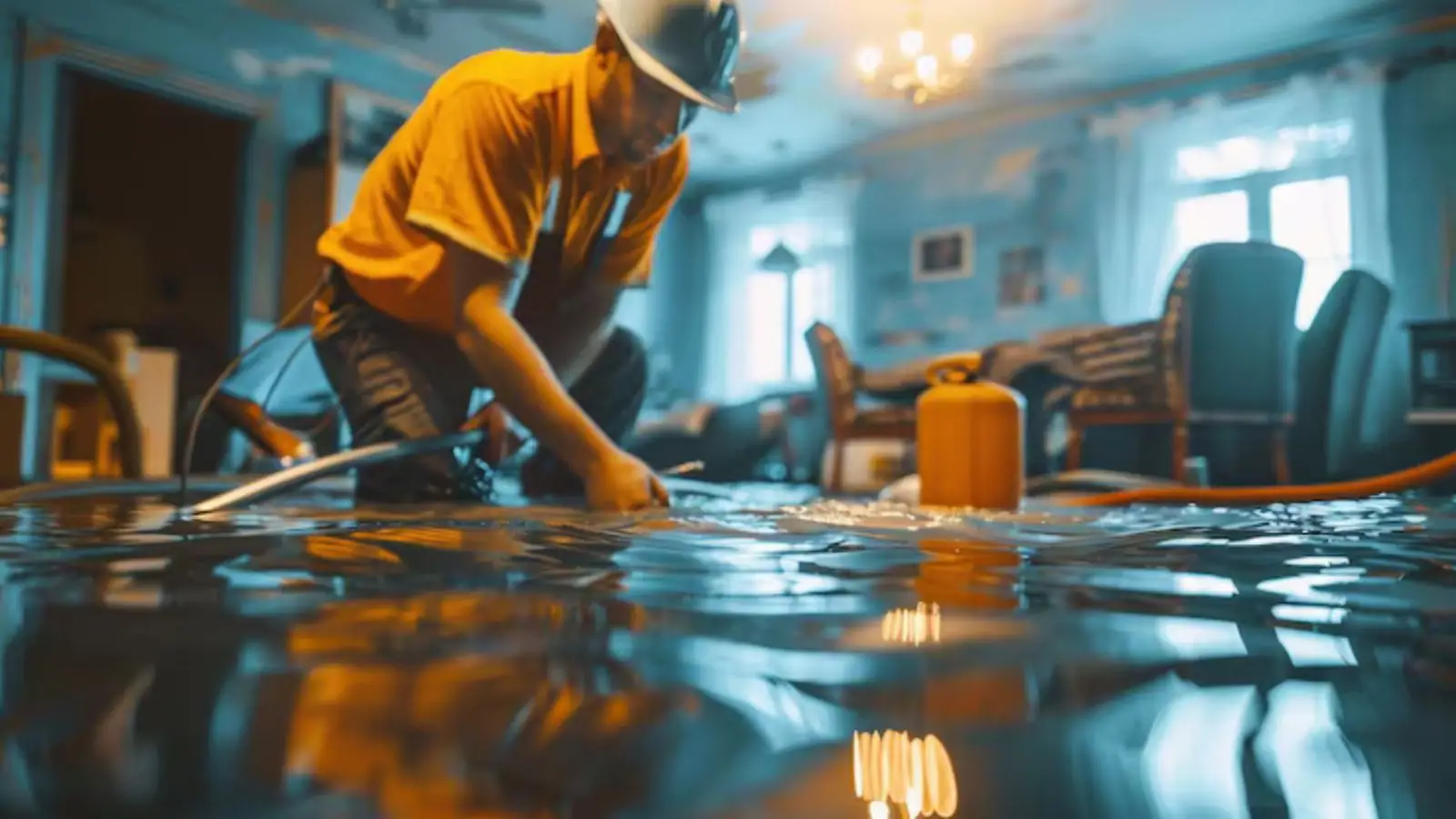 Restoration worker kneeling on a wet living room floor with water across the room